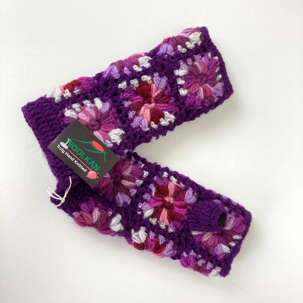 Woolkan Hand Knitted Open Finger Gloves Size S-M Purple Soft Lining